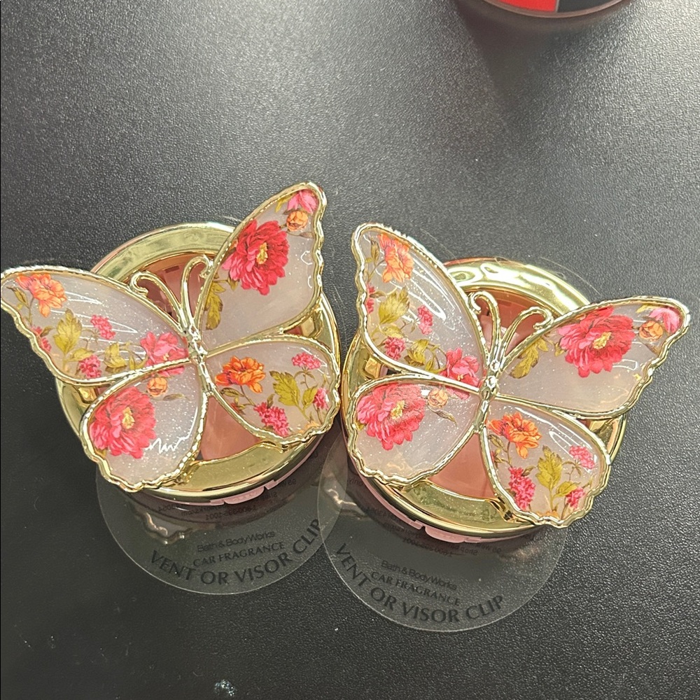 Bath and body works car fragrance holder Gold and Pink floral Butterfly